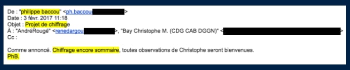 E-mail envoyé le 3 février 2017 à André Rougé et Christophe Bay : «Comme annoncé. Chiffrage encore sommaire, toutes observations de Christophe seront bienvenues. PhB.»