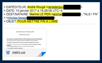 Mail envoyé le 10 janvier 2017 par André Rougé à Marine Le Pen, accompagné d'une note sur la fin de l'AME.