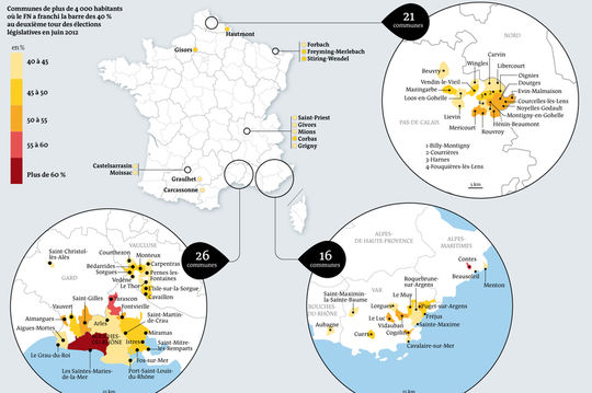 La carte des 77 villes de plus de 4000 habitants où le Front national a obtenu plus de 40 % des suffrages, recensées par l'IFOP pour "Le Monde".